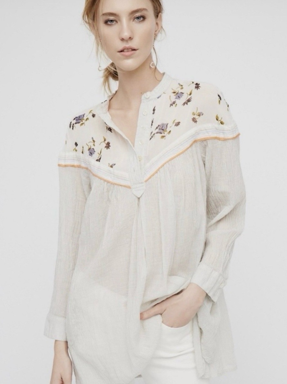 Free People Hearts and Colors Floral Yoke Cotton Tunic Top w/pockets size S